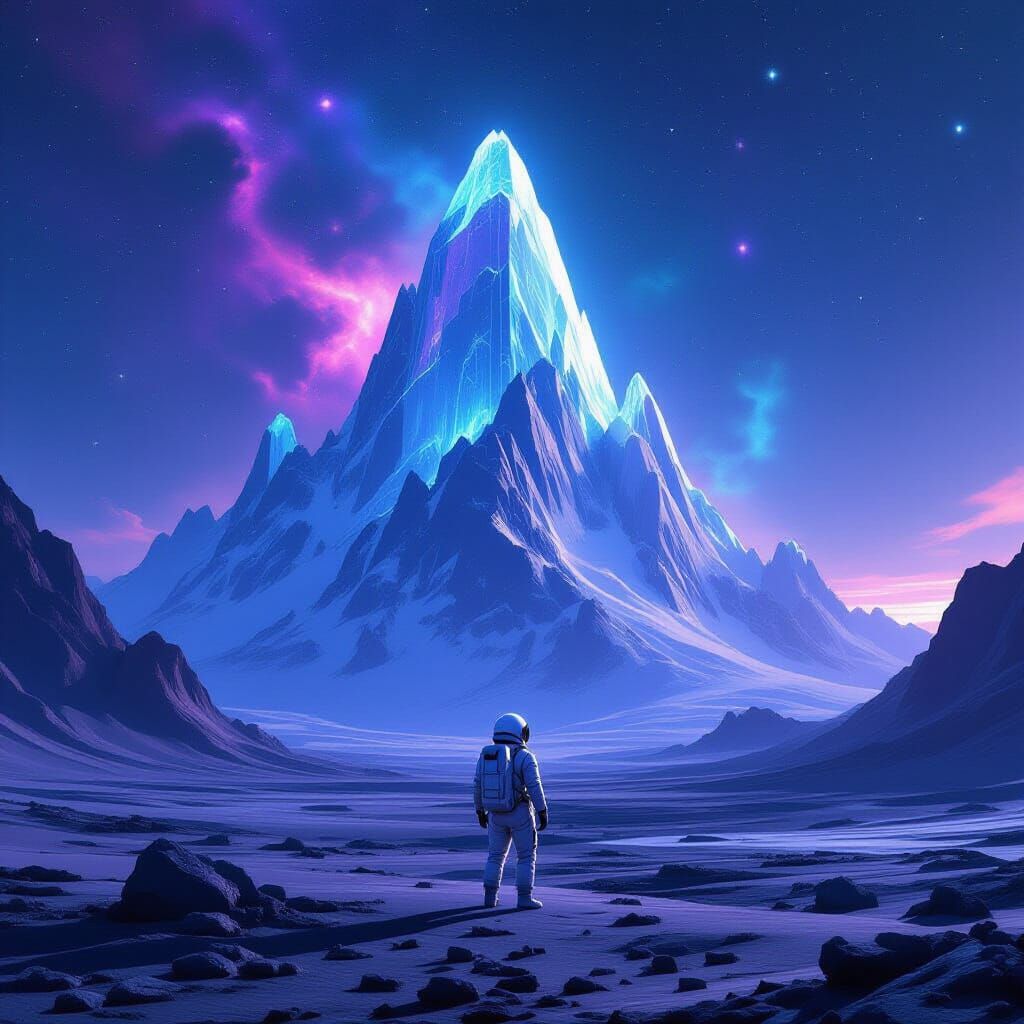Astronaut Gazes at Crystalline Mountains on Alien Planet