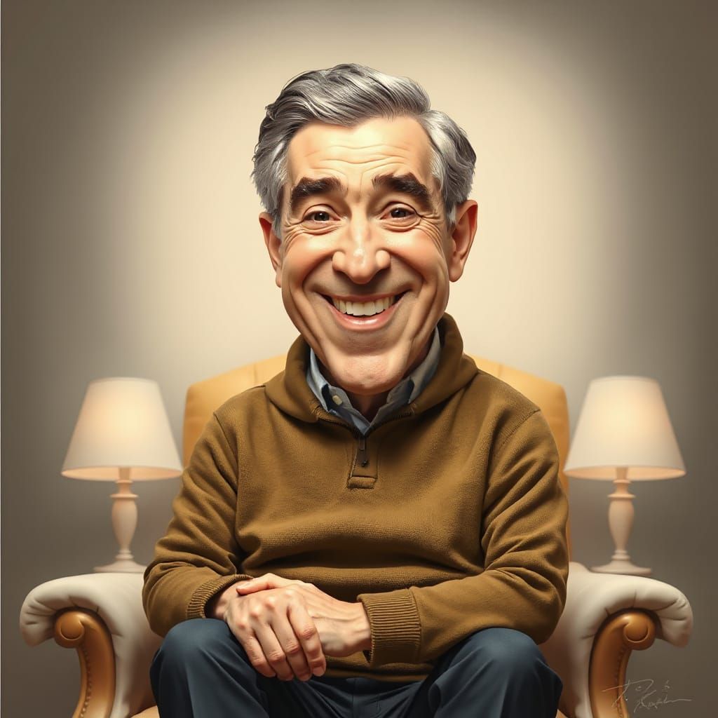Caricature of Mr Rogers Smiling in Armchair