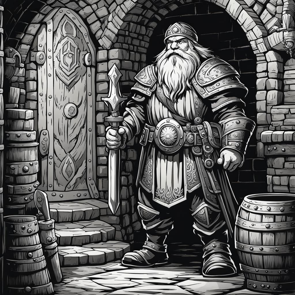 Fantasy Dwarf in Dungeon: 2D Black and White Art