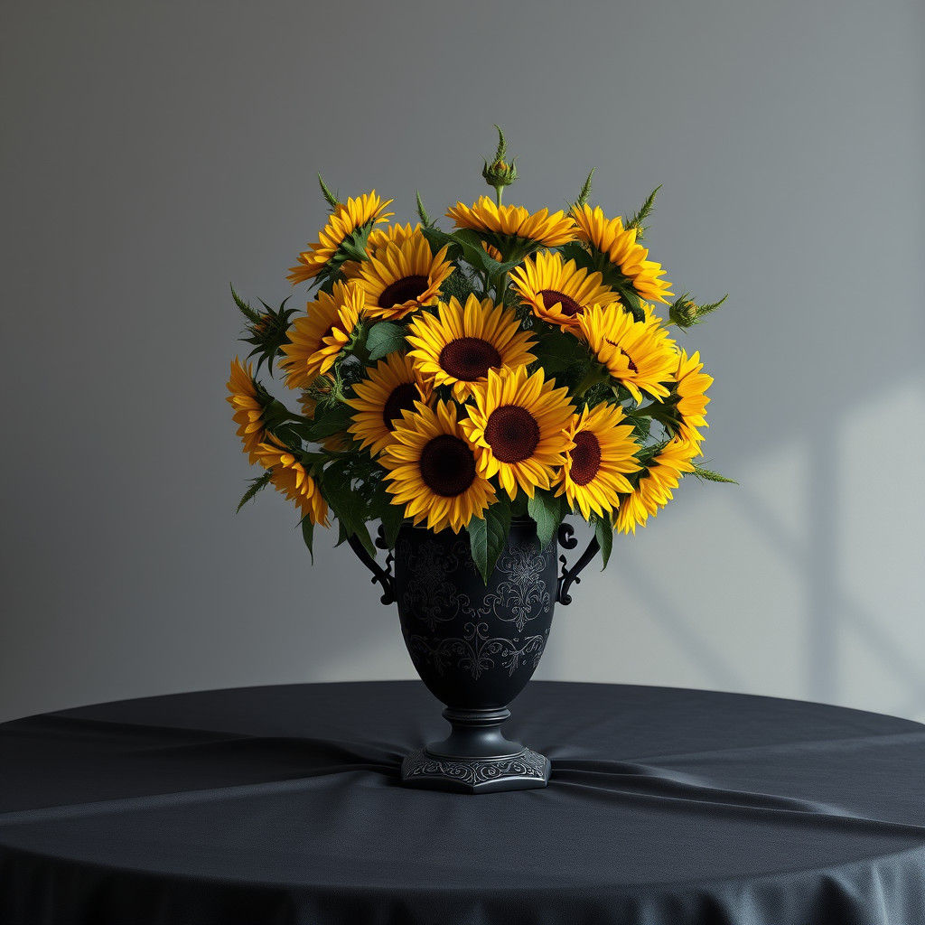 Elegant Sunflowers in Ornate Vase, Digital Painting