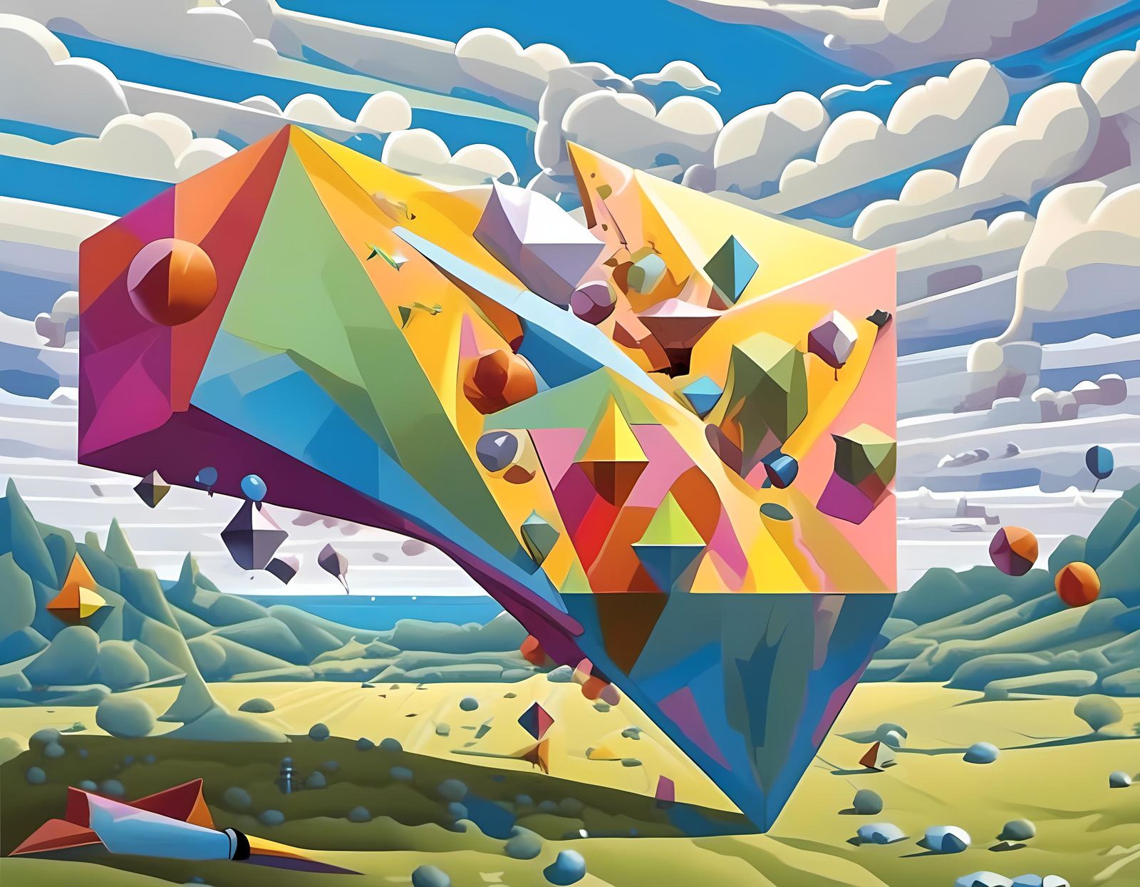 Exploding Antimatter Pyramid in Cel-Shaded Pop Art