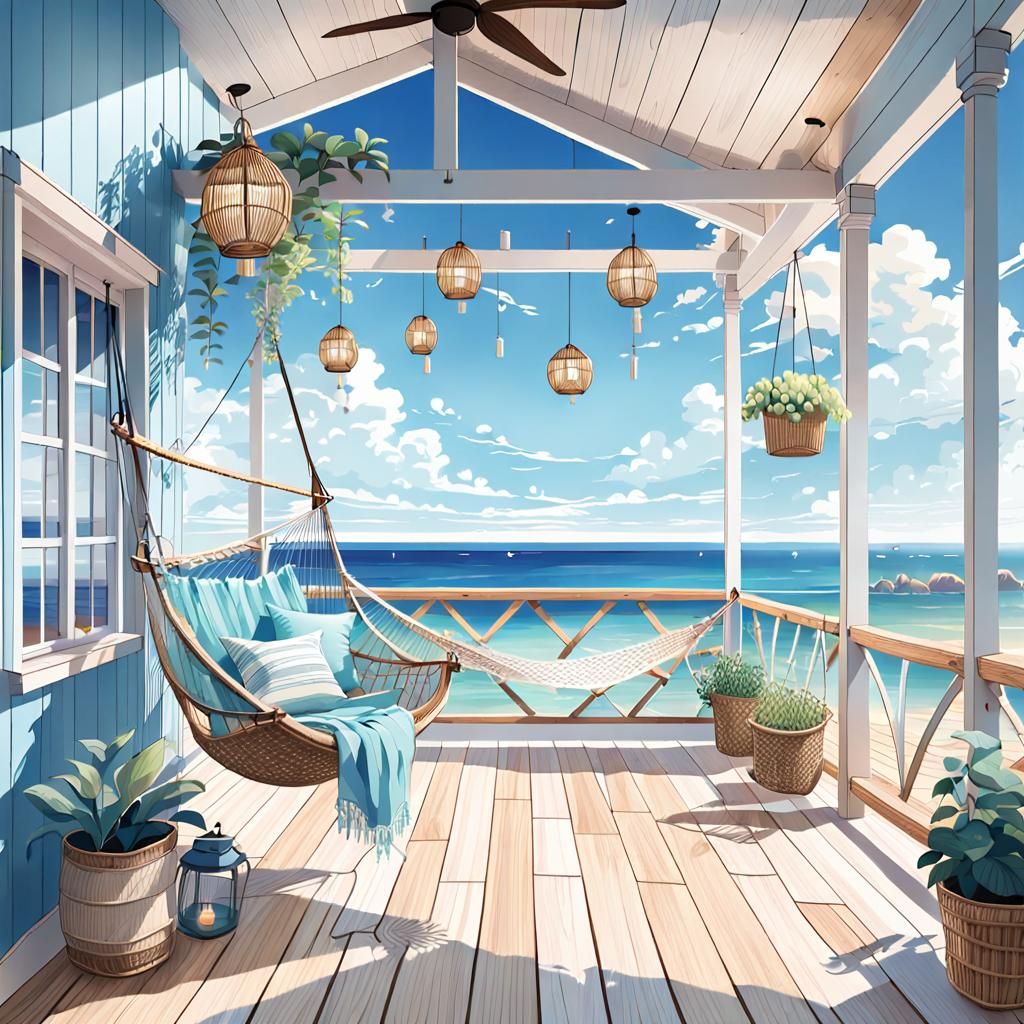 Cozy Beach House Porch with Ocean View in Anime Style