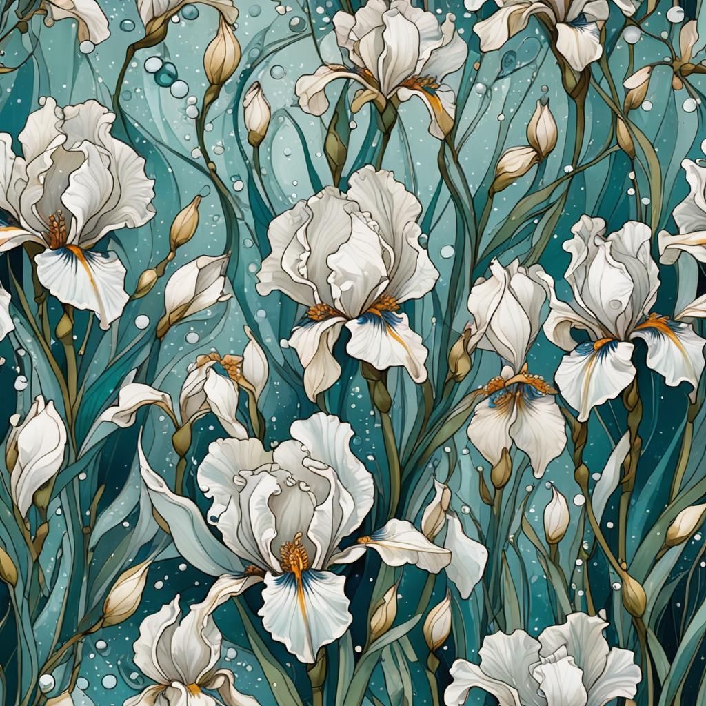 Art Nouveau Teal Irises with Bubbles