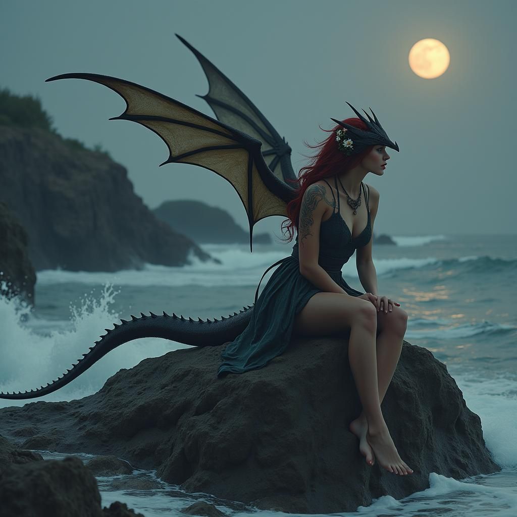 Dragon-Human Hybrid Woman on Rocky Shoreline