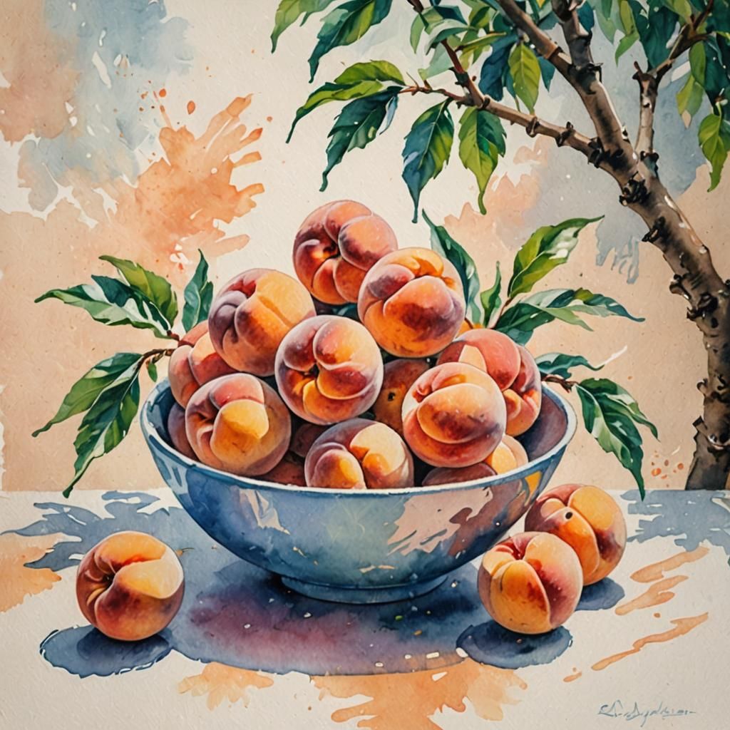Double Exposure: Watercolor Peaches in Gouache Style