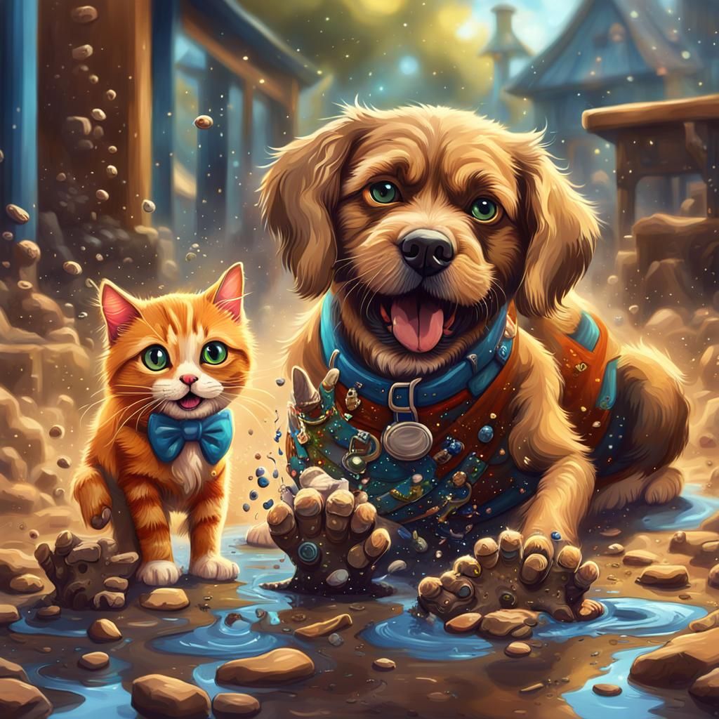 Cat Teaches Dog Grooming in Colorful Fantasy Art
