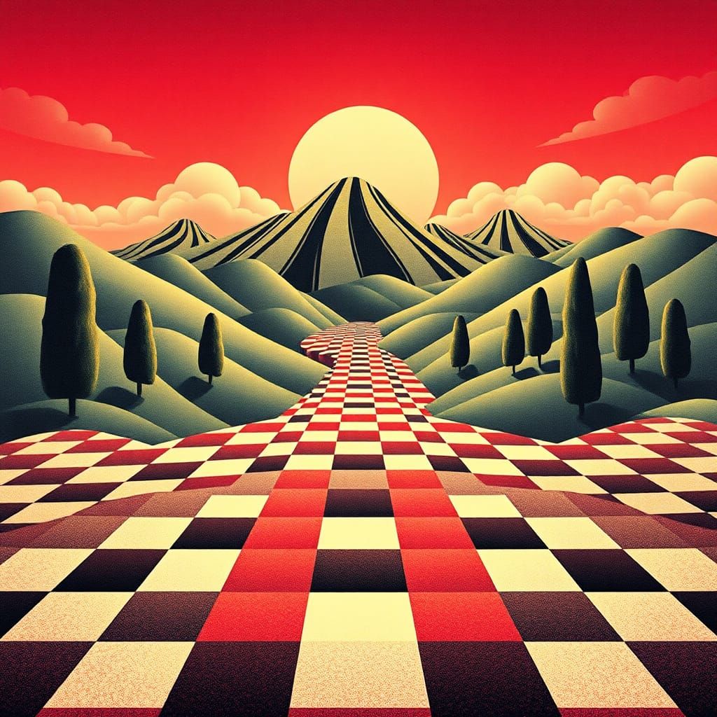 Recursive Op Art Deco Landscape with Checkered Path