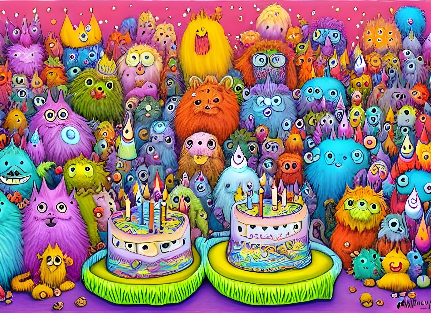 Fluffy Monsters Celebrate Birthday in Whimsical Fantasy Styl...