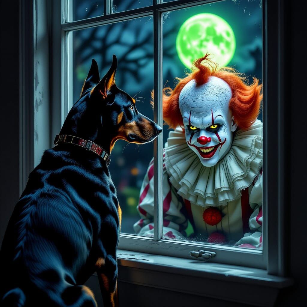 Doberman Fears Scary Clown on Halloween Night