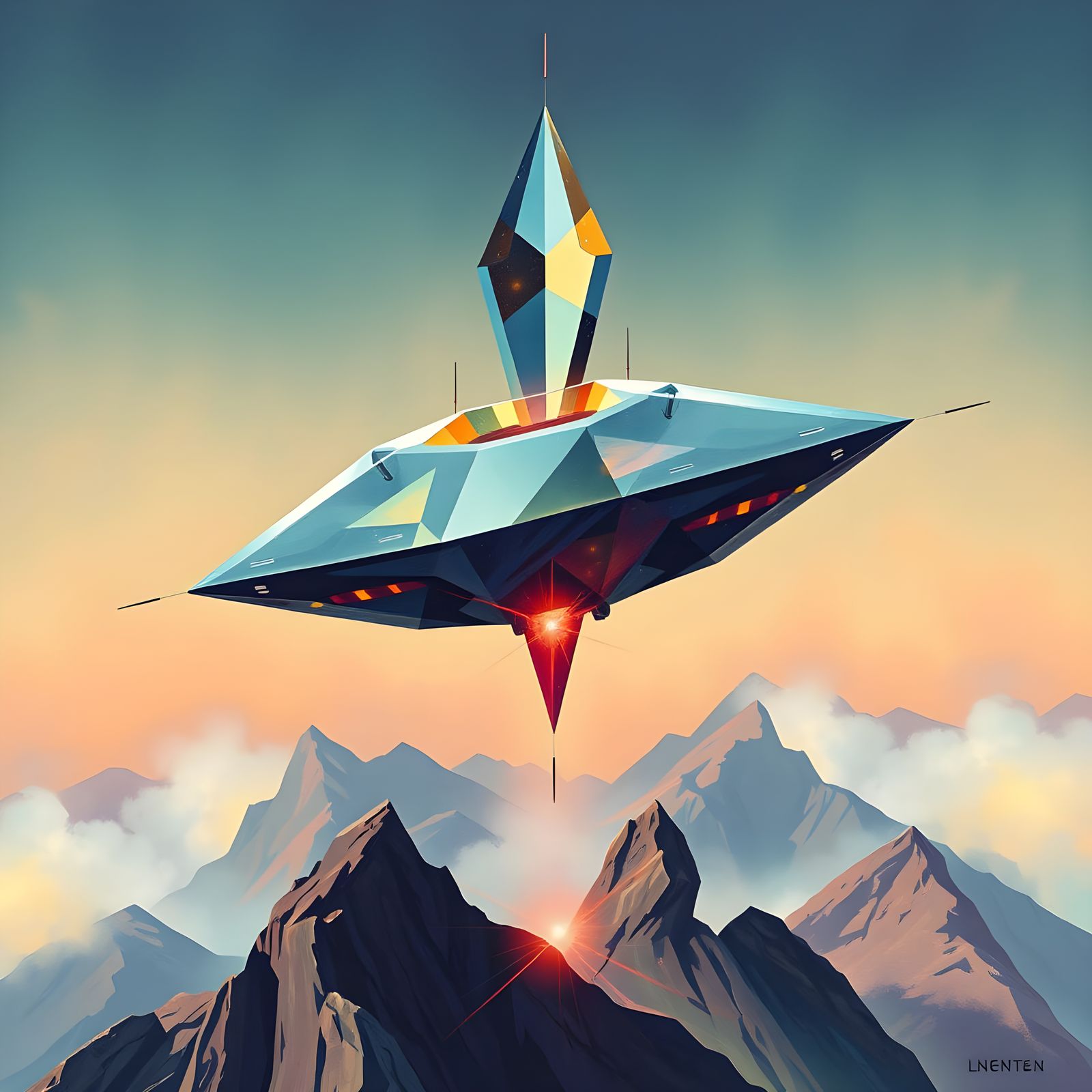 Crystal Alien Spacecraft Soars Above Rocky Mountains in Abst...