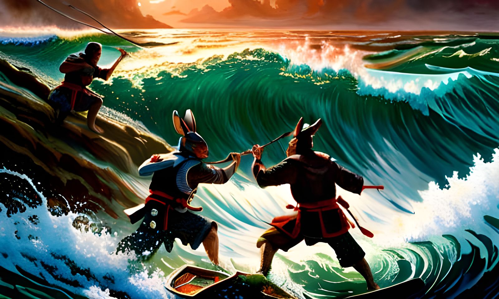 Usagi Samurai Battle in Crashing Waves