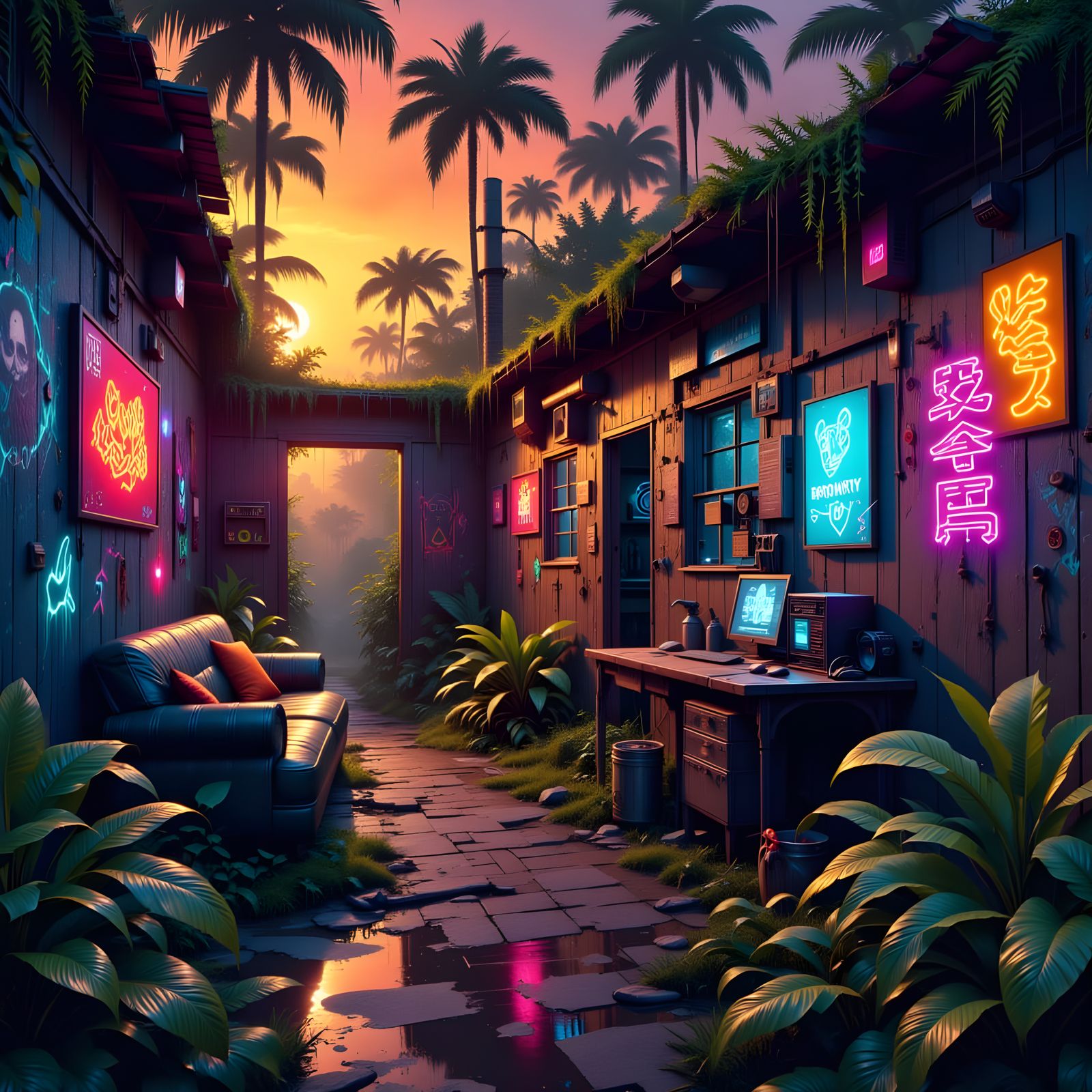 Overgrown Jungle Shack with Neon Graffiti Art