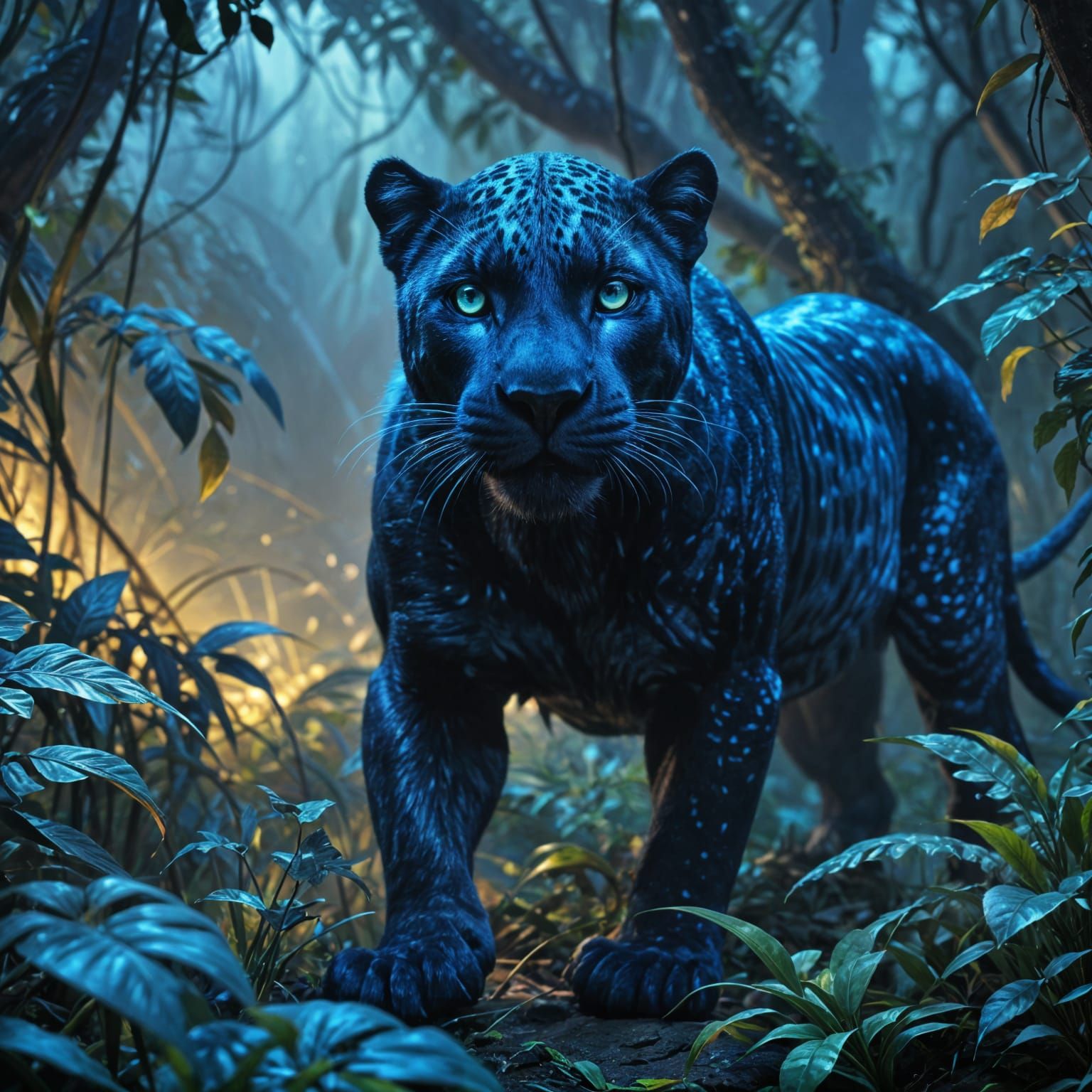 Blue Scaled Panther in Jungle at Dusk