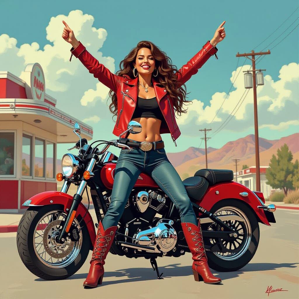 Victorious Woman on Motorcycle, in Pop Surrealism Style