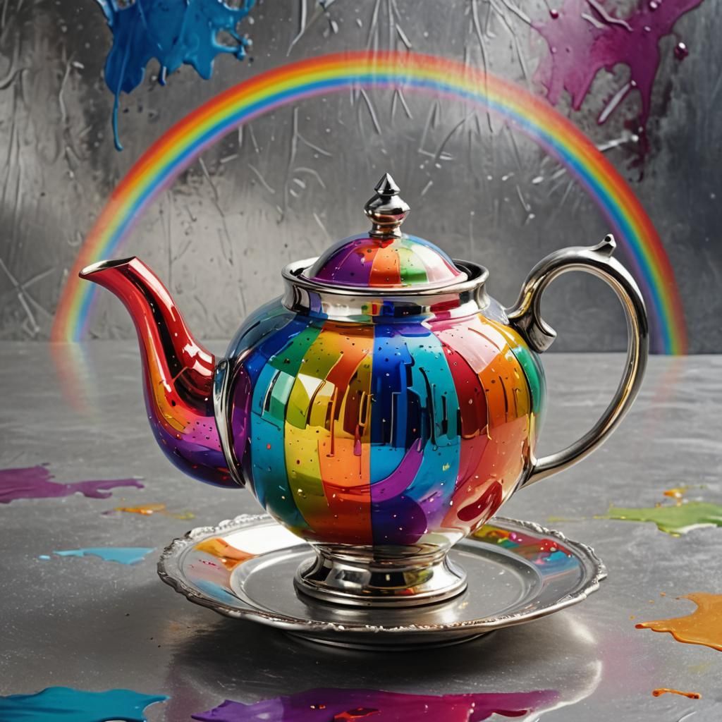 Rainbow Teapot in Abstract Style on Silver