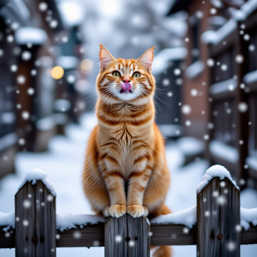Photorealistic Orange Cat Delight in Heavy Snowfall