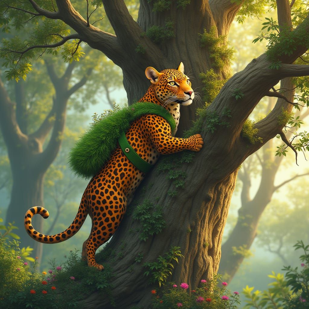 Leopard Climbs Tree in Dreamy, Whimsical Style