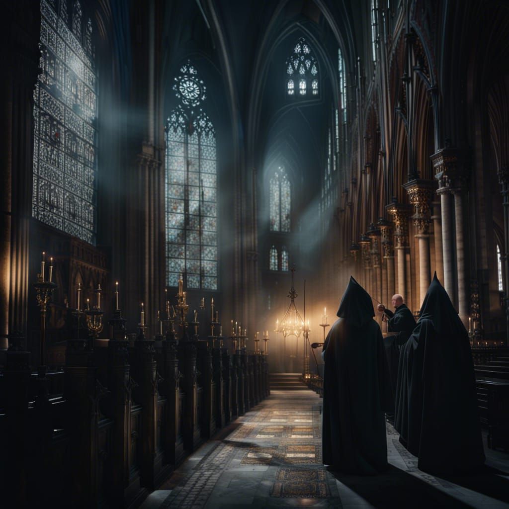 Sinister Monks in Gothic Cathedral with Divine Light