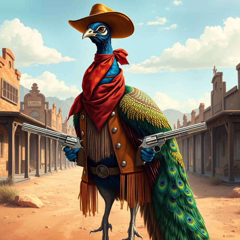 Vibrant Peacock Gunslinger Rides into Ok Corral as Cyberpunk...
