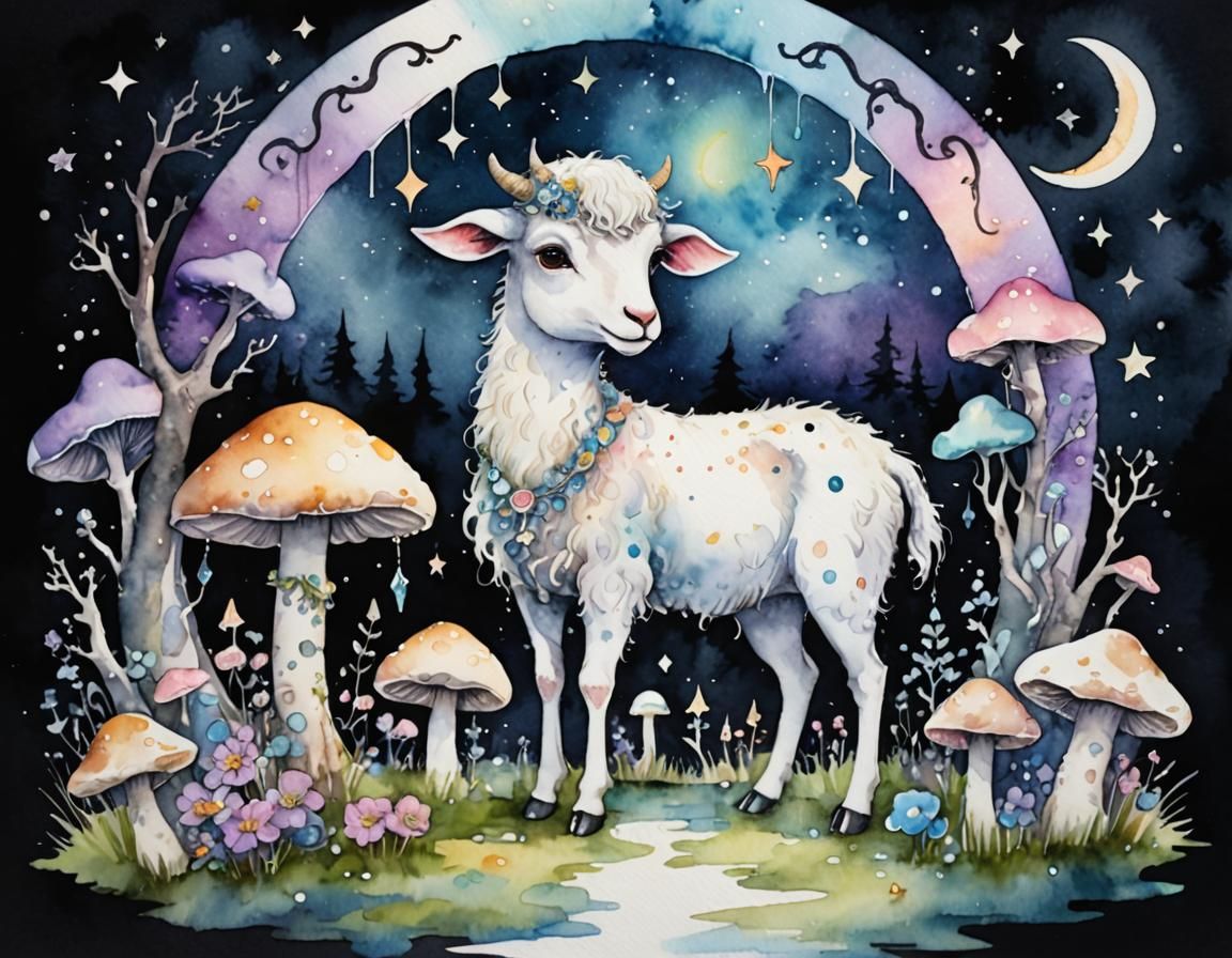 Cozy Pagan Home with Crescent Moon in Watercolour