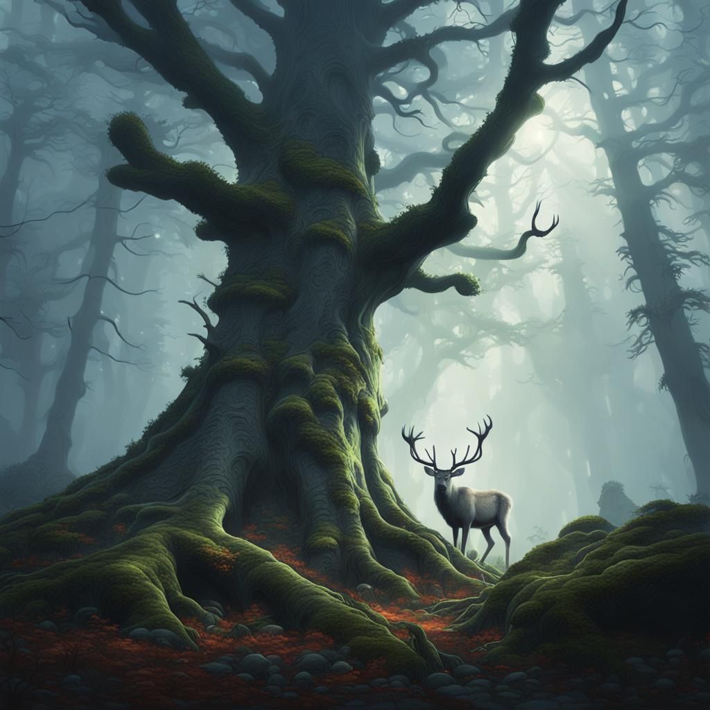 Reindeer in Mystical Forest: Dark Fantasy Concept Art