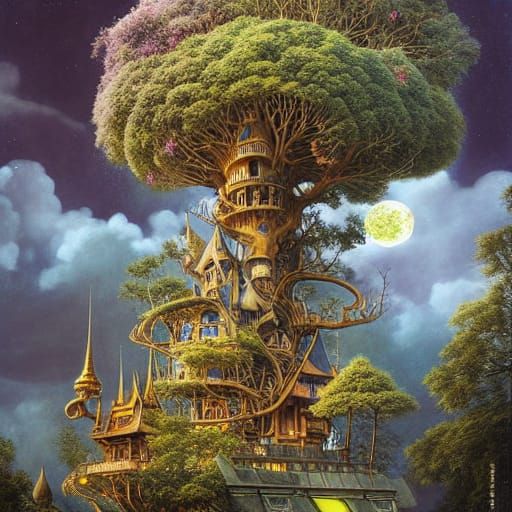 Fantasy Sci-Fi Treehouse Castle Painting