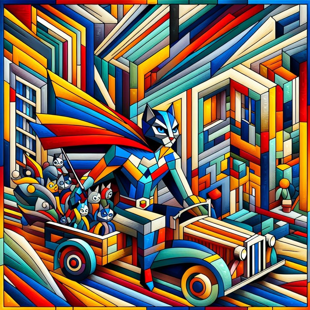Cat Vigilante in Geometric Vehicle: 3D Rendered Art