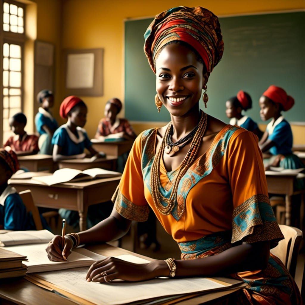 Congolese Teacher Smiling in Classroom: Airbrush Art