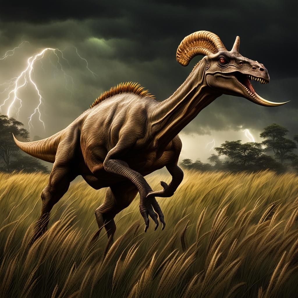 Parasaurolophus in a Dark Brown Landscape with Lightning