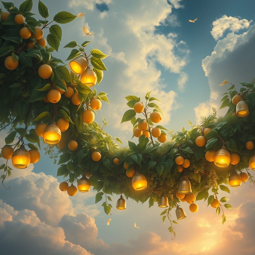 Floating Garden of Luminous Fruit and Silver Bells