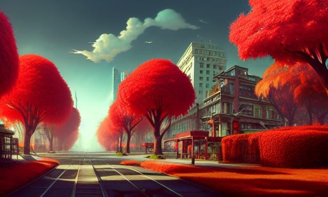 Overgrown City with Red Trees: 3D Digital Art