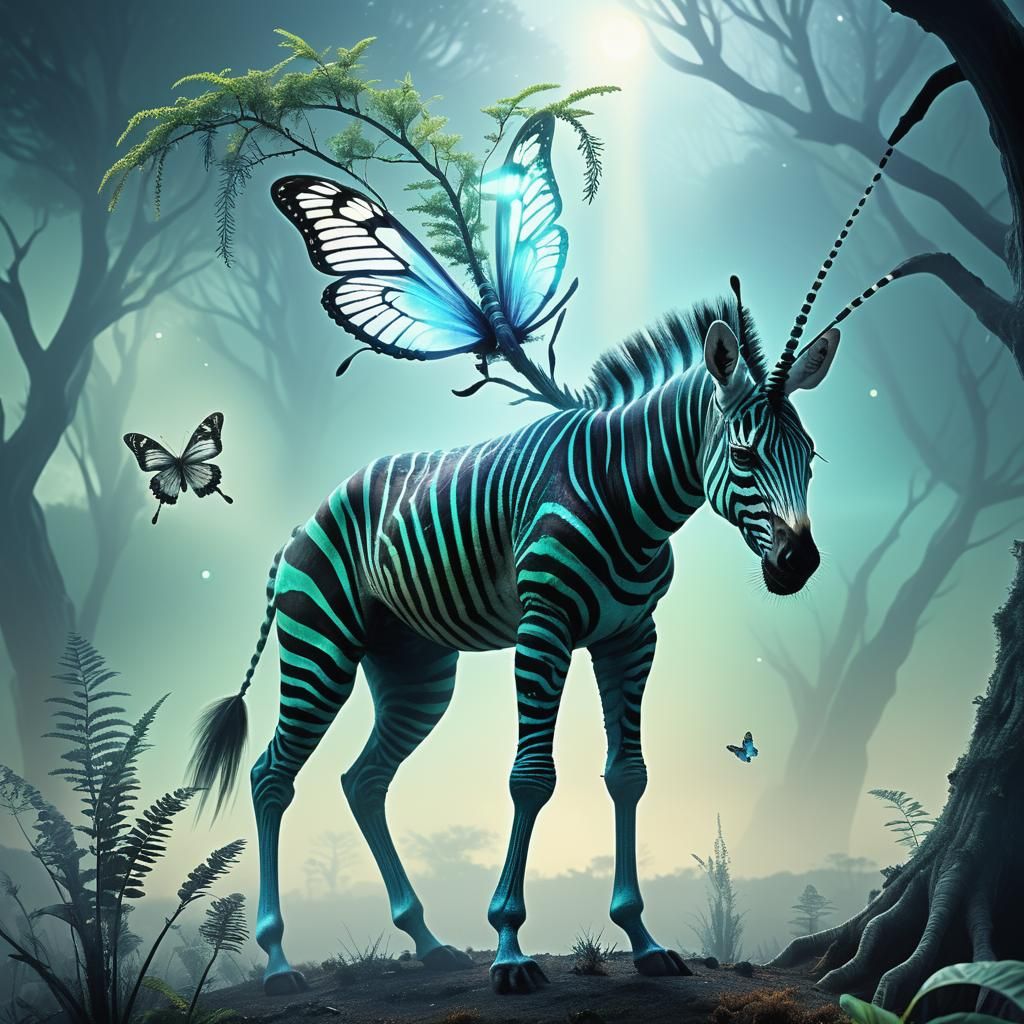Alien Zebra Creature on Exoplanet Branch in Digital Painting