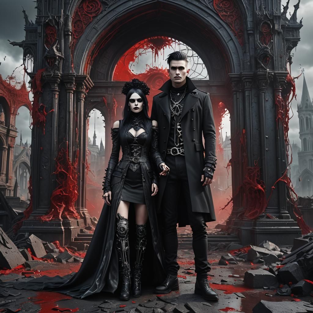 Gothic Couple in Black, Silver, and Red: Digital Art