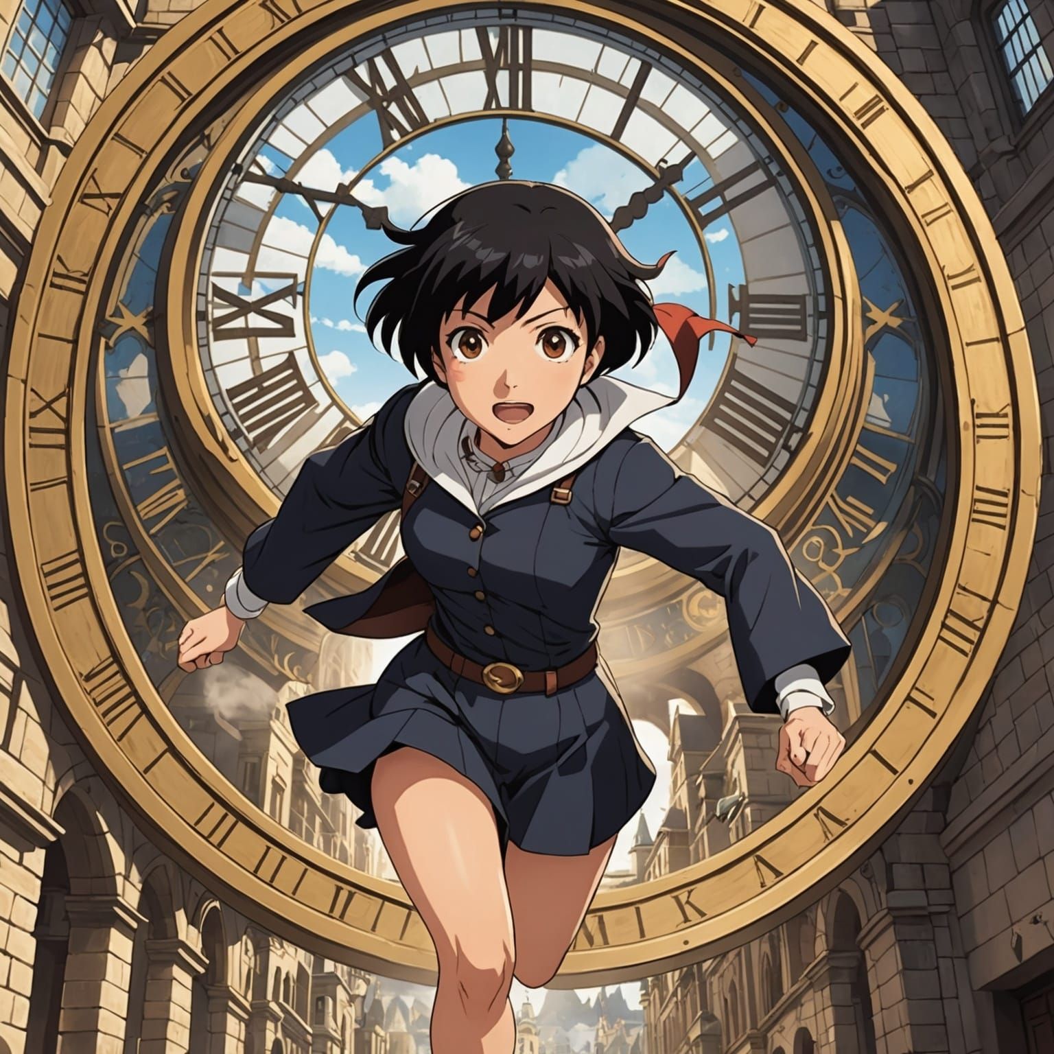 Anime Woman Runs in Clock Tower