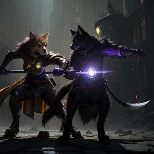 Dog Girl vs Cat Girl Sword Fight in Dark Fantasy