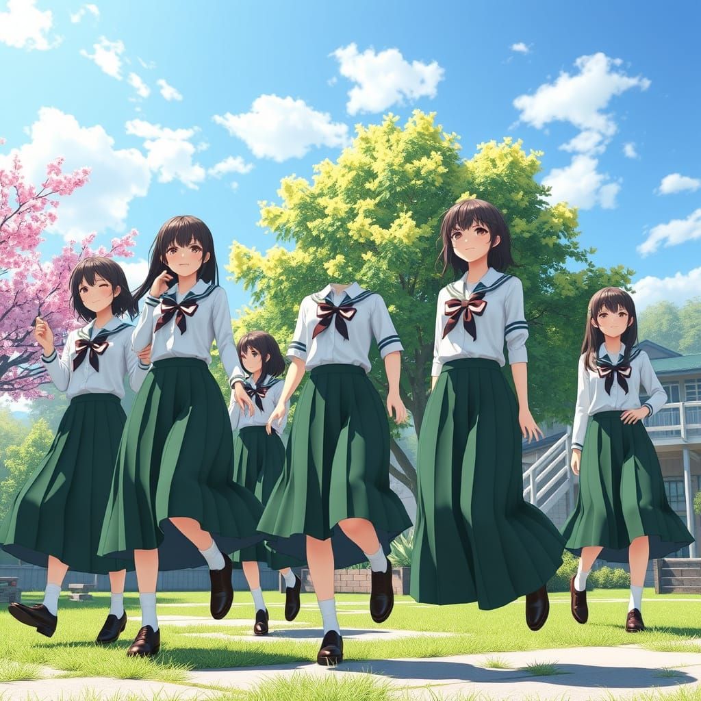 High School Girls in Vibrant School Yard
