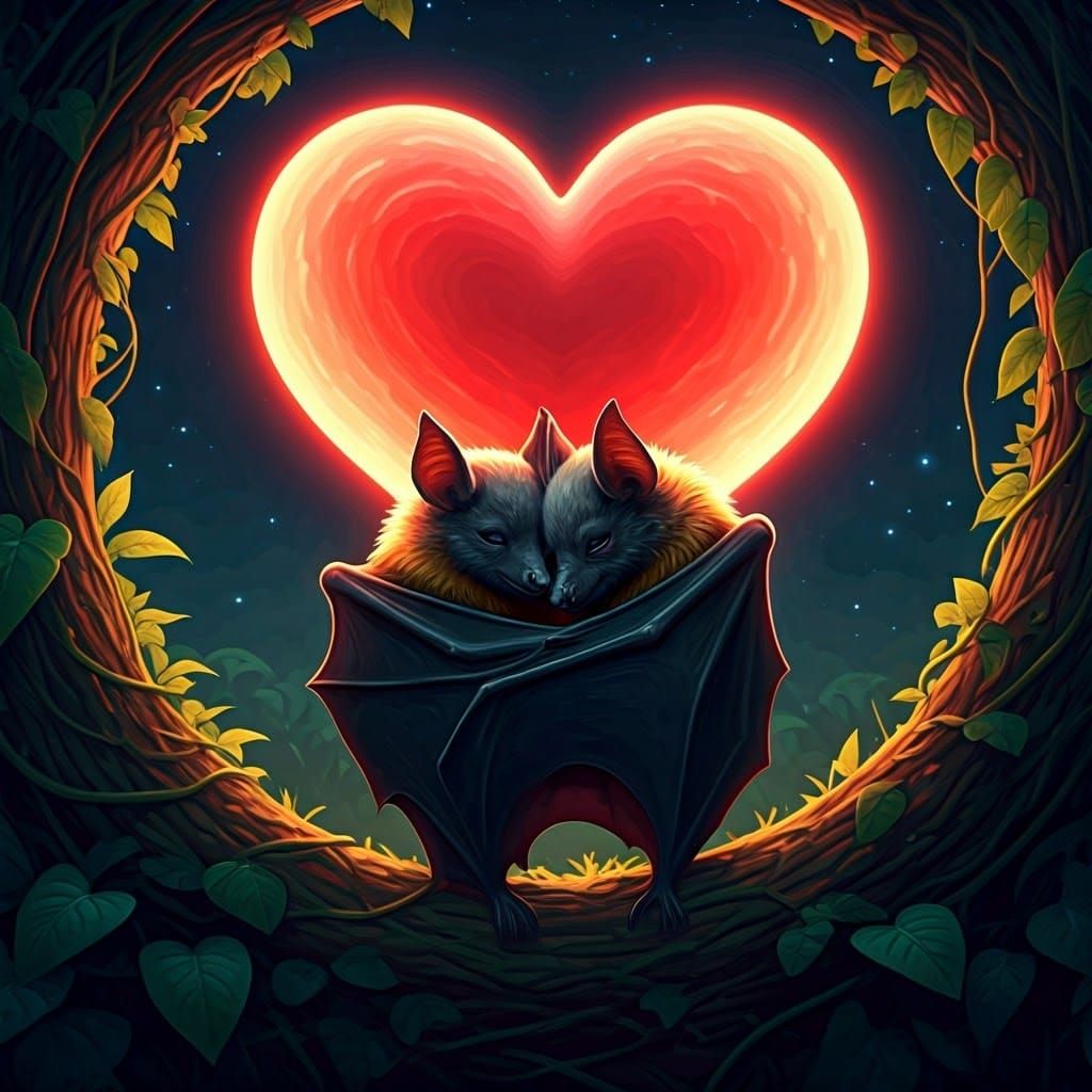 Adorable Bats Under Vibrant Heart-Shaped Moon