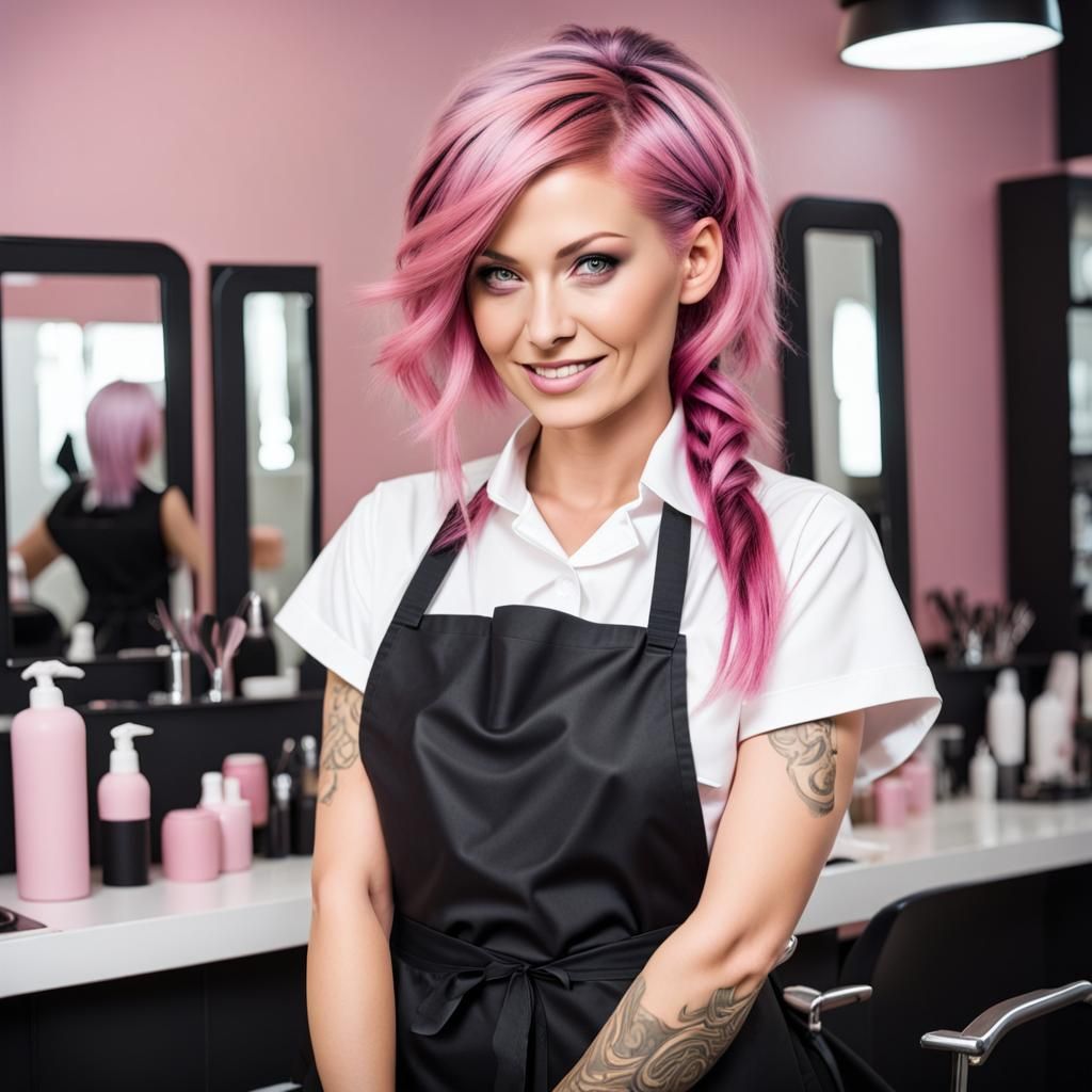 Pink-Haired Hairdresser in Her Salon