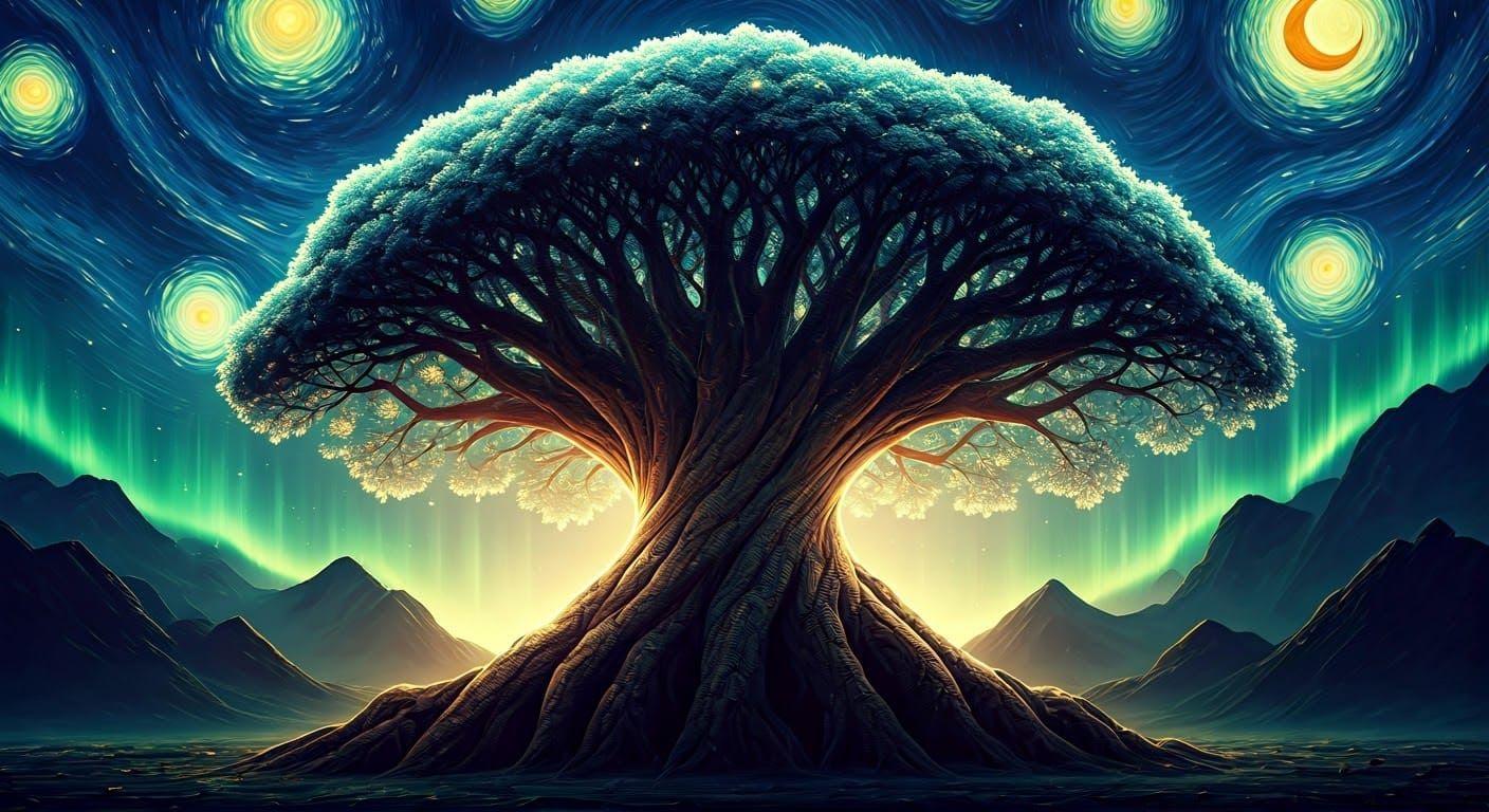 Cyberpunk World Tree Radiates Ethereal Energy