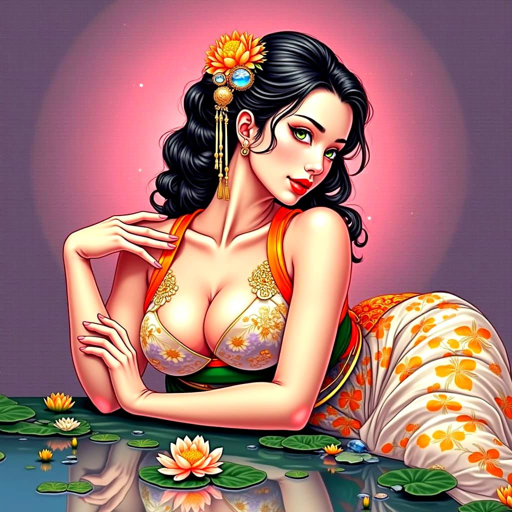 Geisha Portrait with Golden Motifs and Cosmic Background