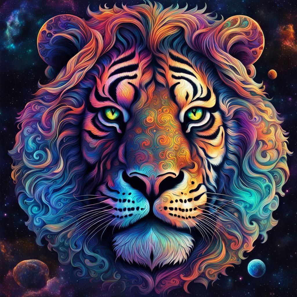 Lion-Tiger Hybrid Face: Cosmic Holographic Illustration