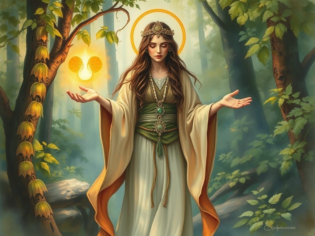 Pagan Shamaness Summons Healing Magic in Lush Forest