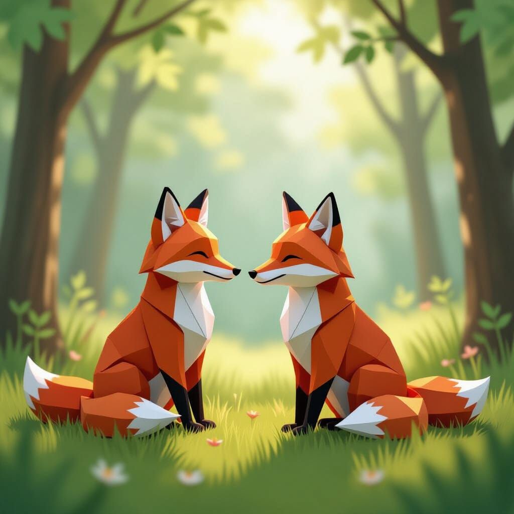 Origami Foxes in Sun-Dappled Forest Clearing