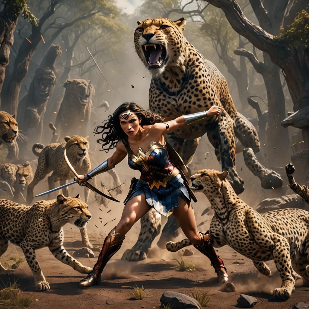 Wonder Woman battling Cheetah Spirits. She has gone to Africa to free Barbara Minerva's Soul.