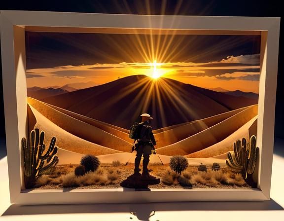 Multi-layered paper shadowbox, diorama: Image ink soldier, b...