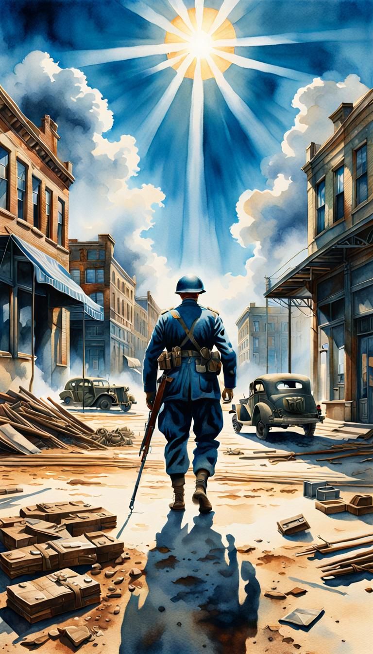 World War II era scene of a British soldier after being noti...