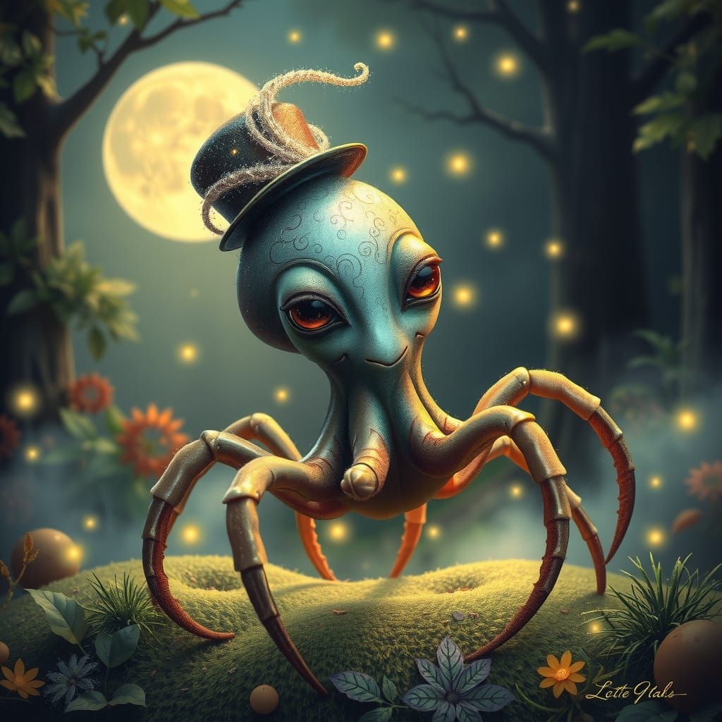 Whimsical Octopus-Spider Fae in Moonlit Forest