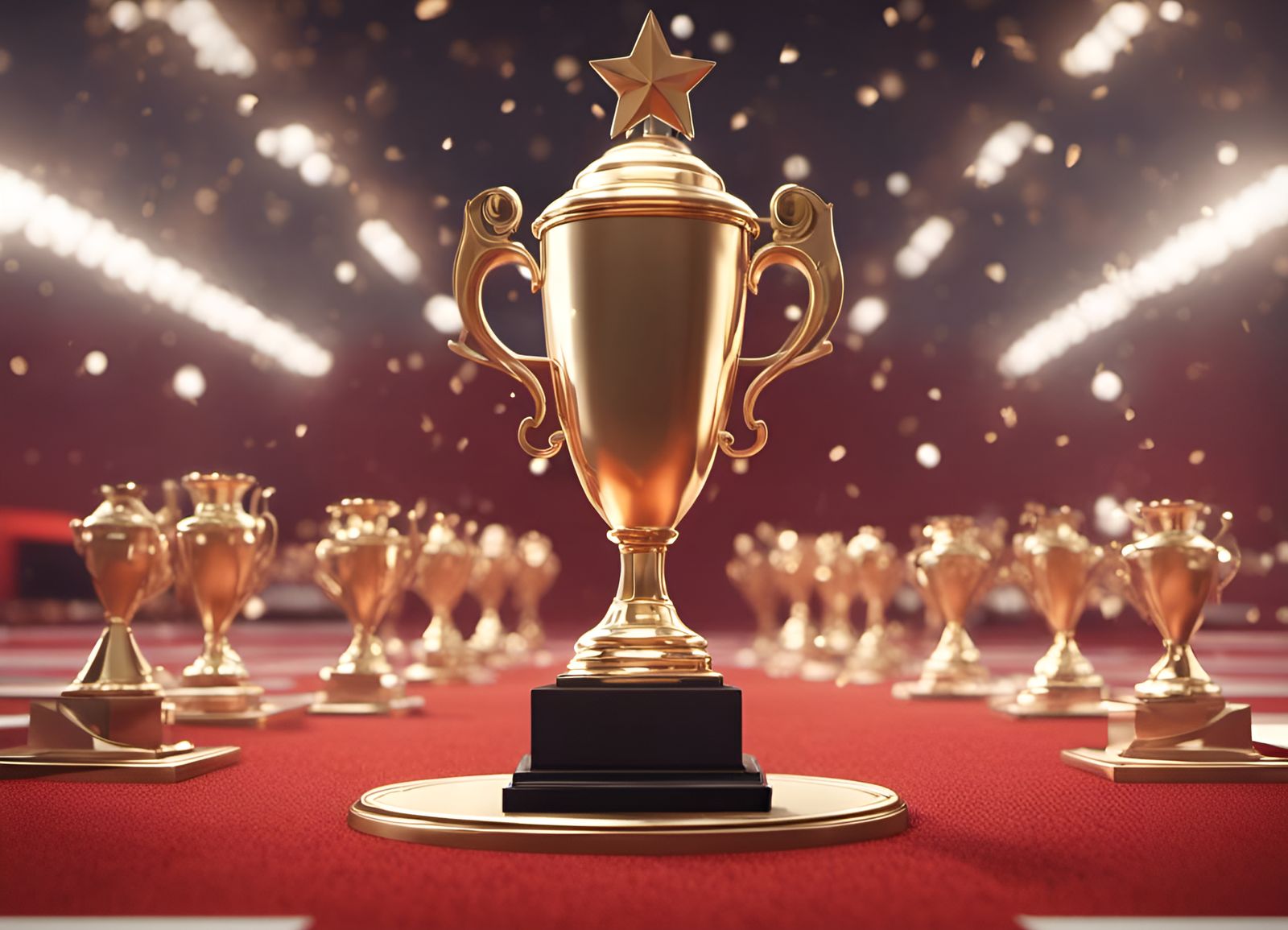 Trophies on Red Carpet in 3D Render