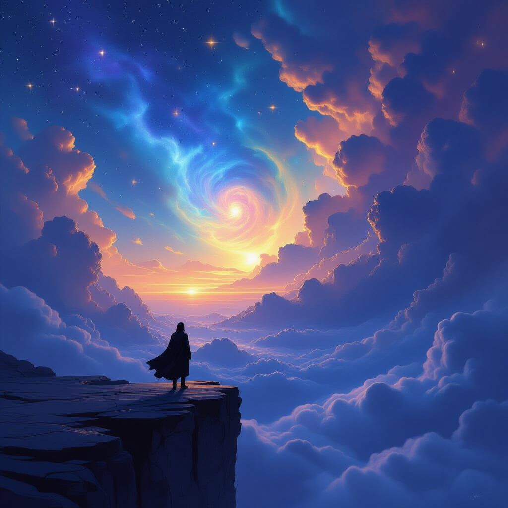 Figure Gazes at Cosmic Sky in Epic Fantasy Painting