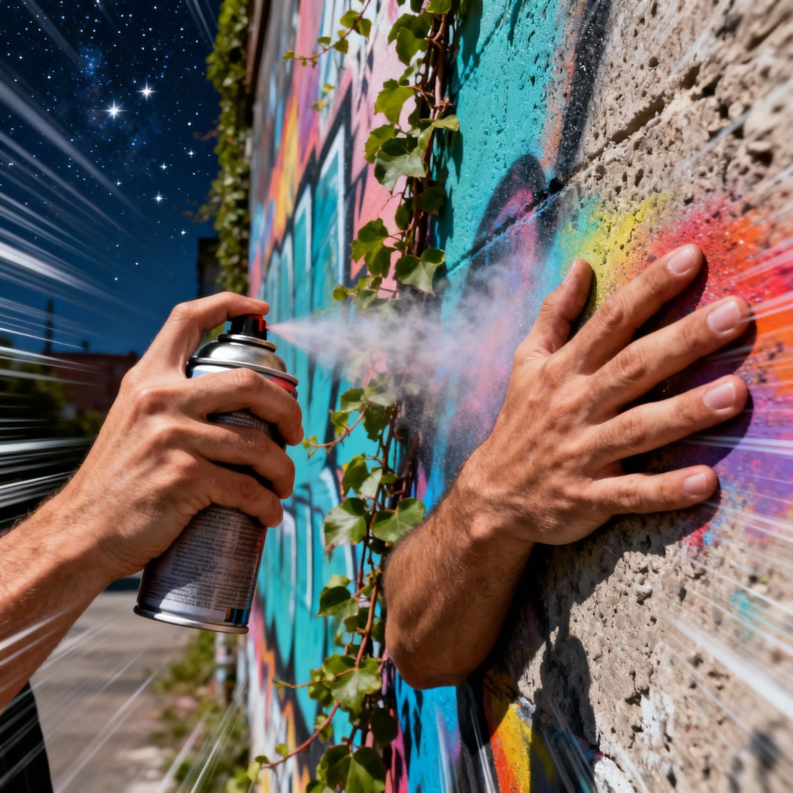 Hyper-Realistic Hands with Spray Can on Urban Mural